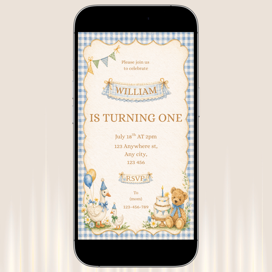 1st Birthday Boy Invitation Bundle | Vintage Blue Gingham Editable Party Kit