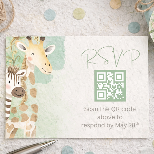 Jungle-themed Baby Shower RSVP card with QR code on a textured surface