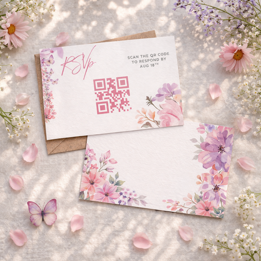 Floral invitation card with RSVP and QR code on a light surface with flowers and butterflies.