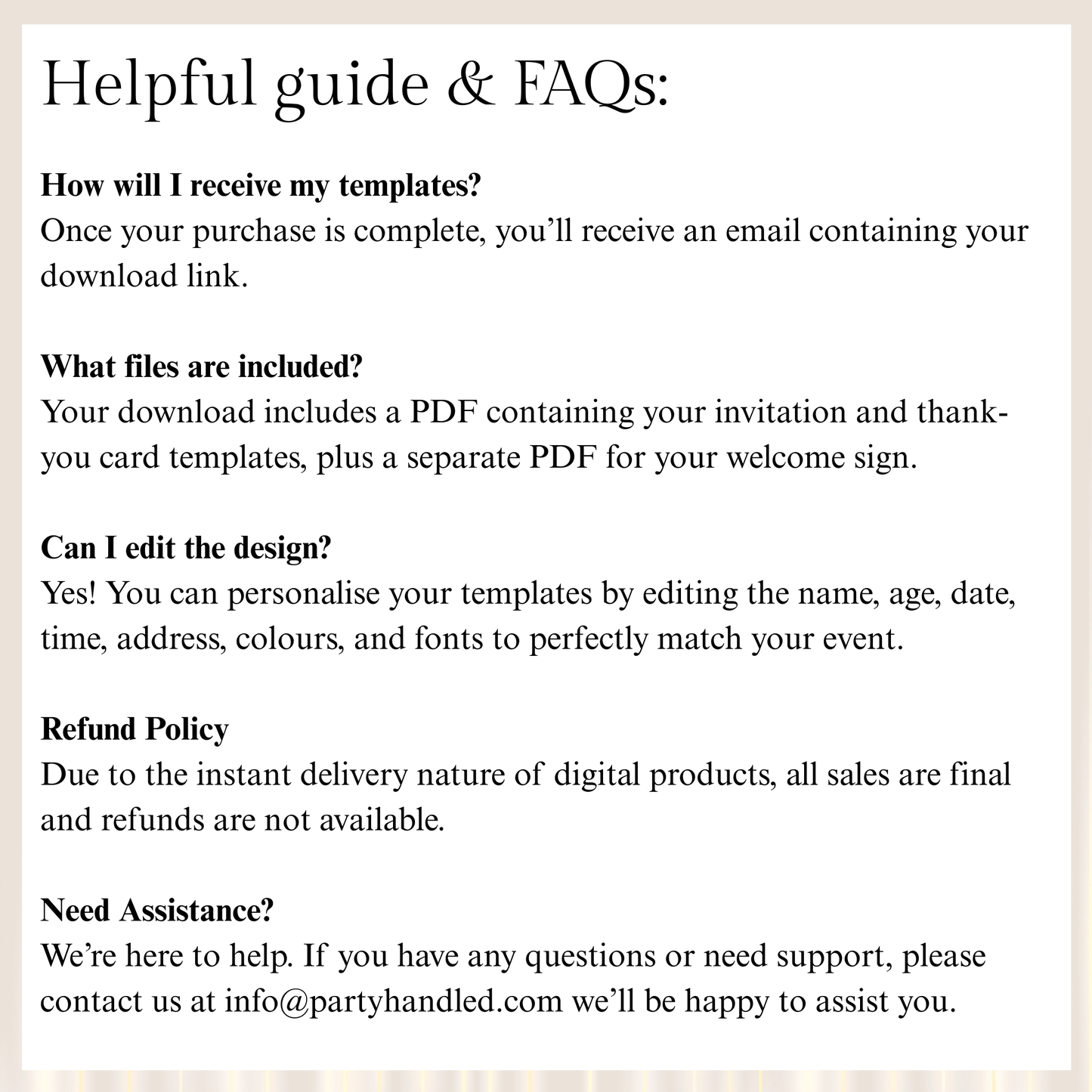 FAQs section with text on a beige background