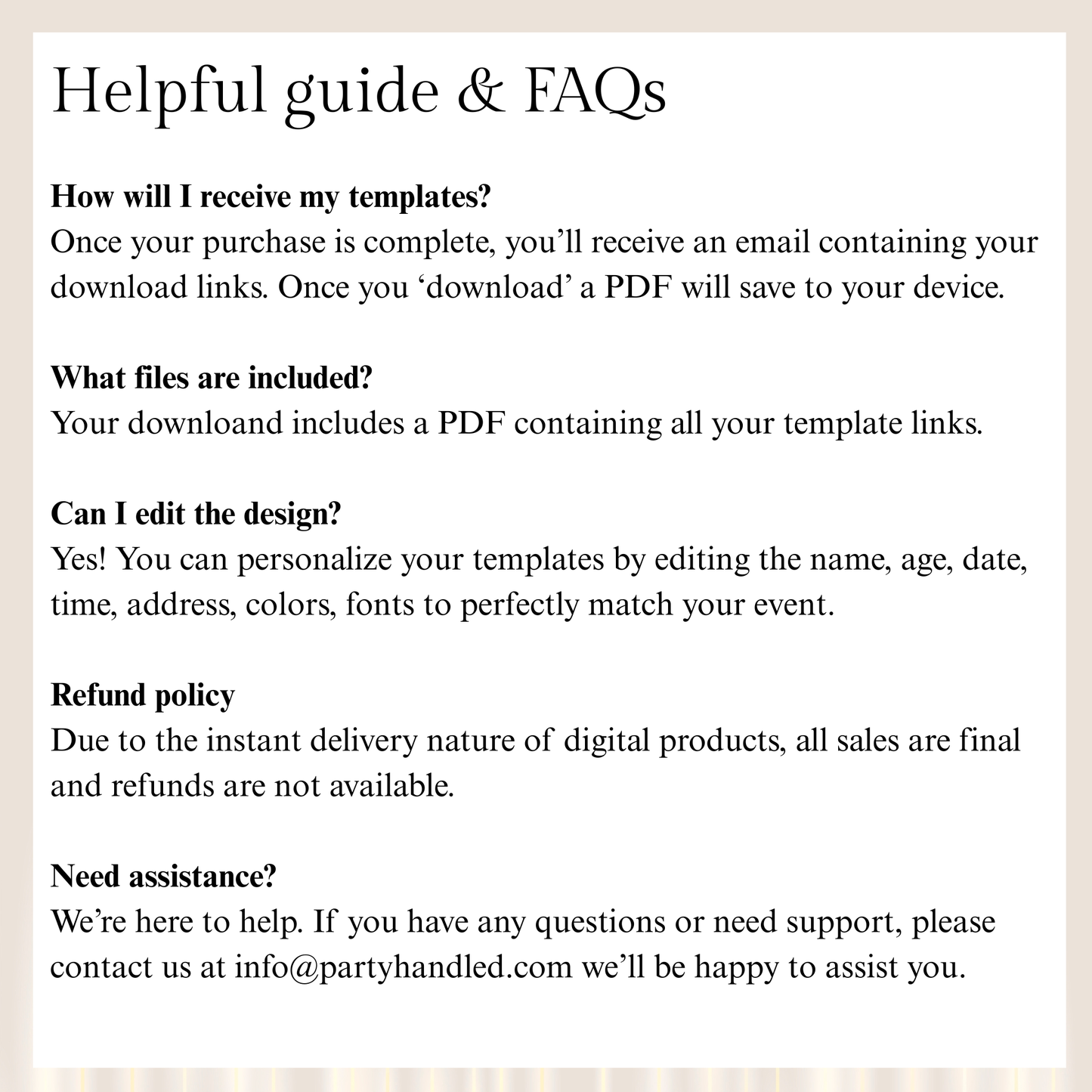 FAQs section with text on a light beige background