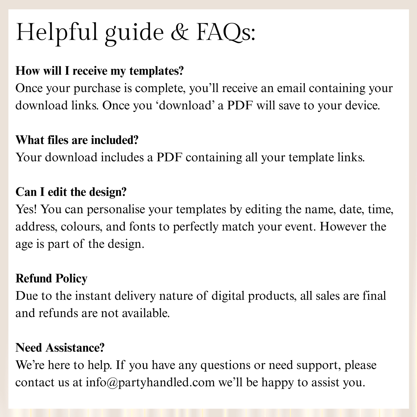 Helpful guide and FAQs text on a beige background