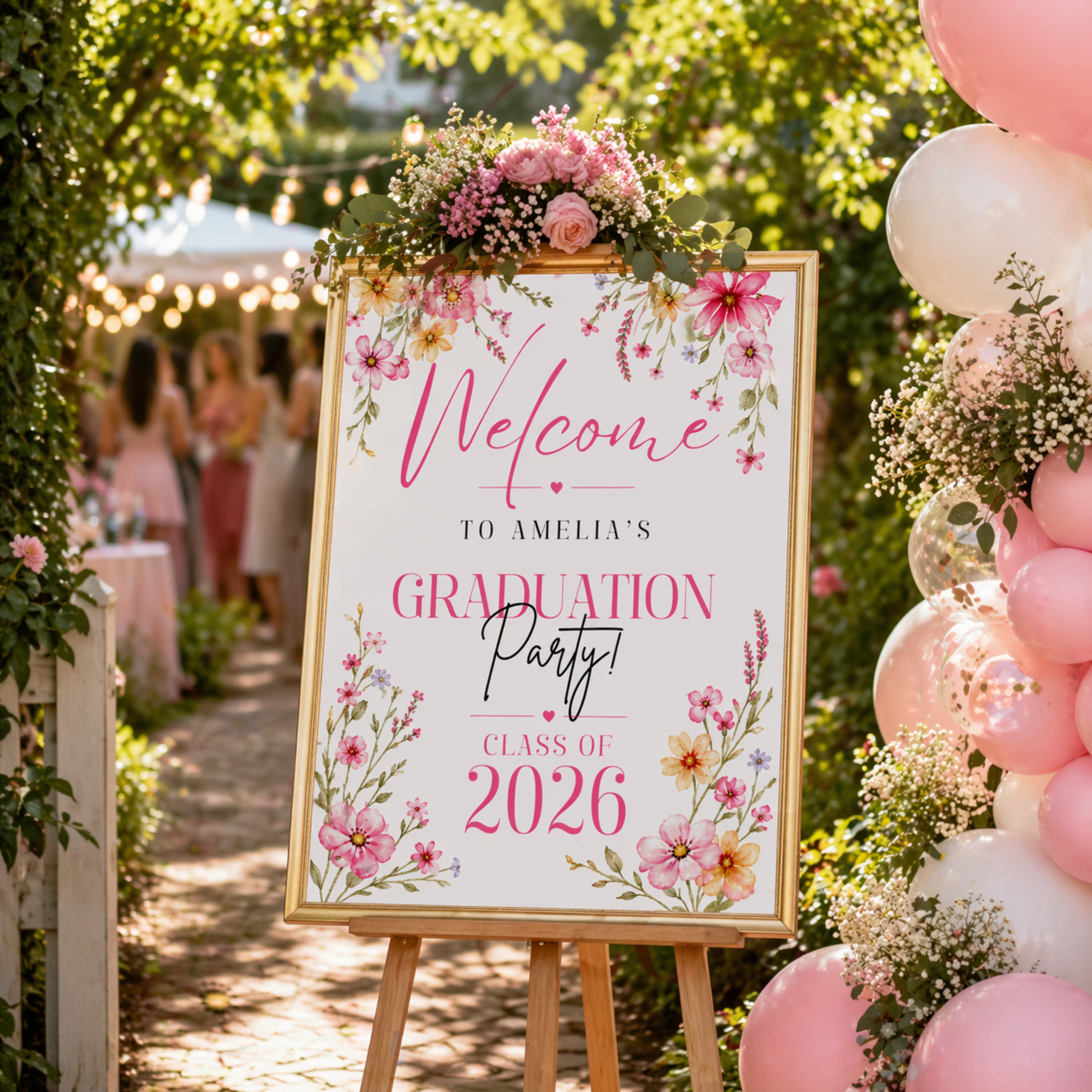 Graduation party sign with balloons and flowers in an outdoor setting