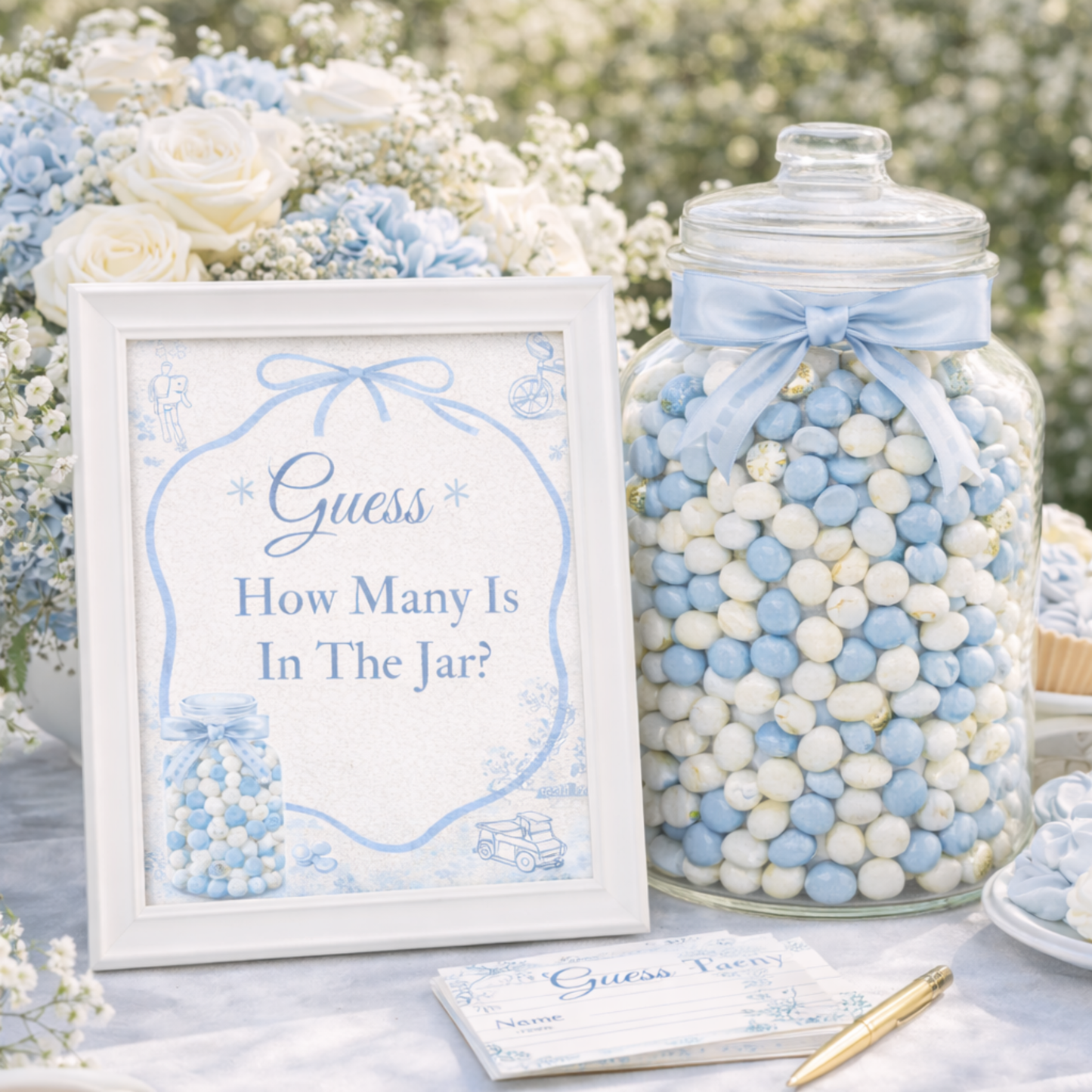 Jar of blue and white candies with a sign asking 'Guess How Many Is In The Jar?' game on a table with flowers.