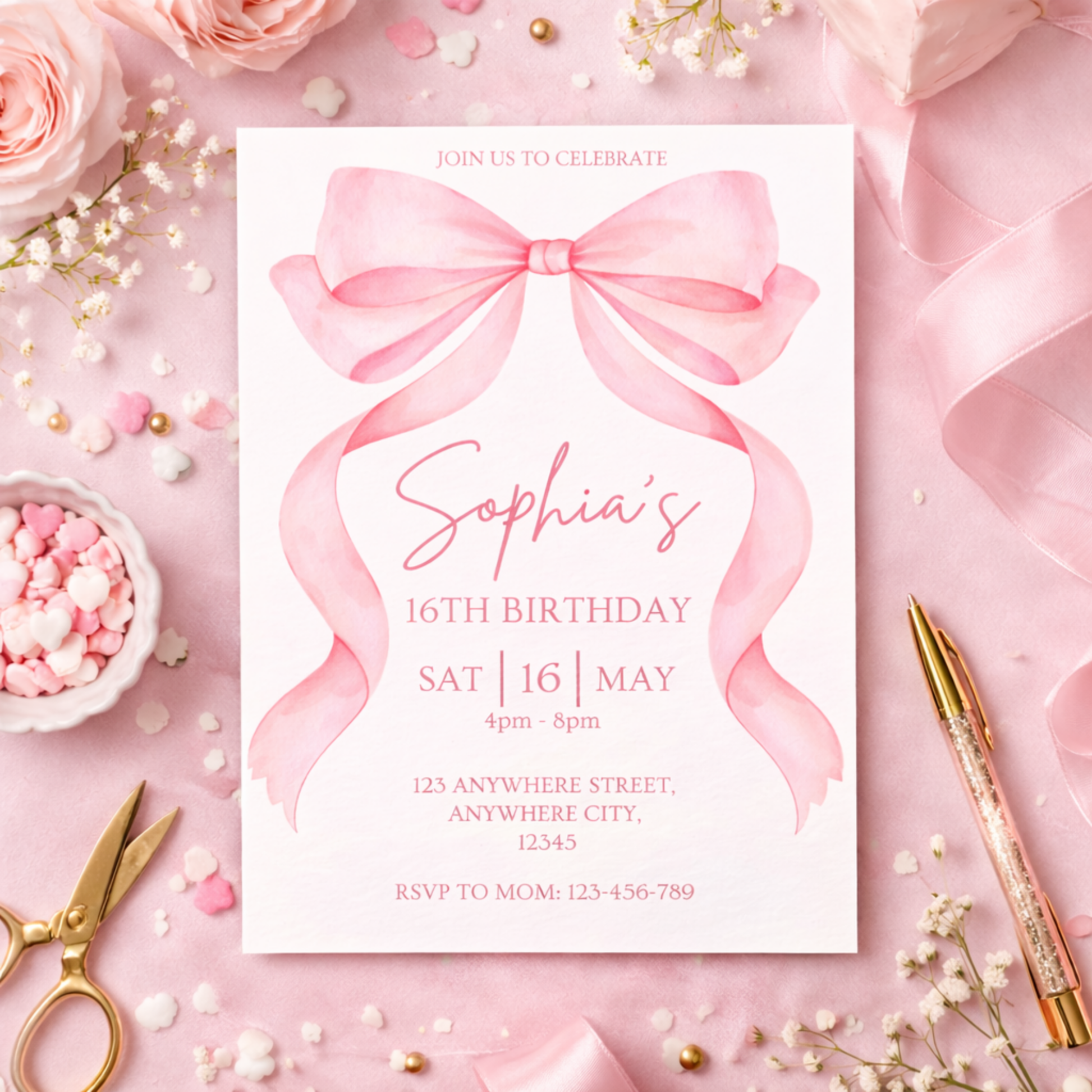 pink coquette bow girls birthday invitation template editable in canva instant download digital invite 