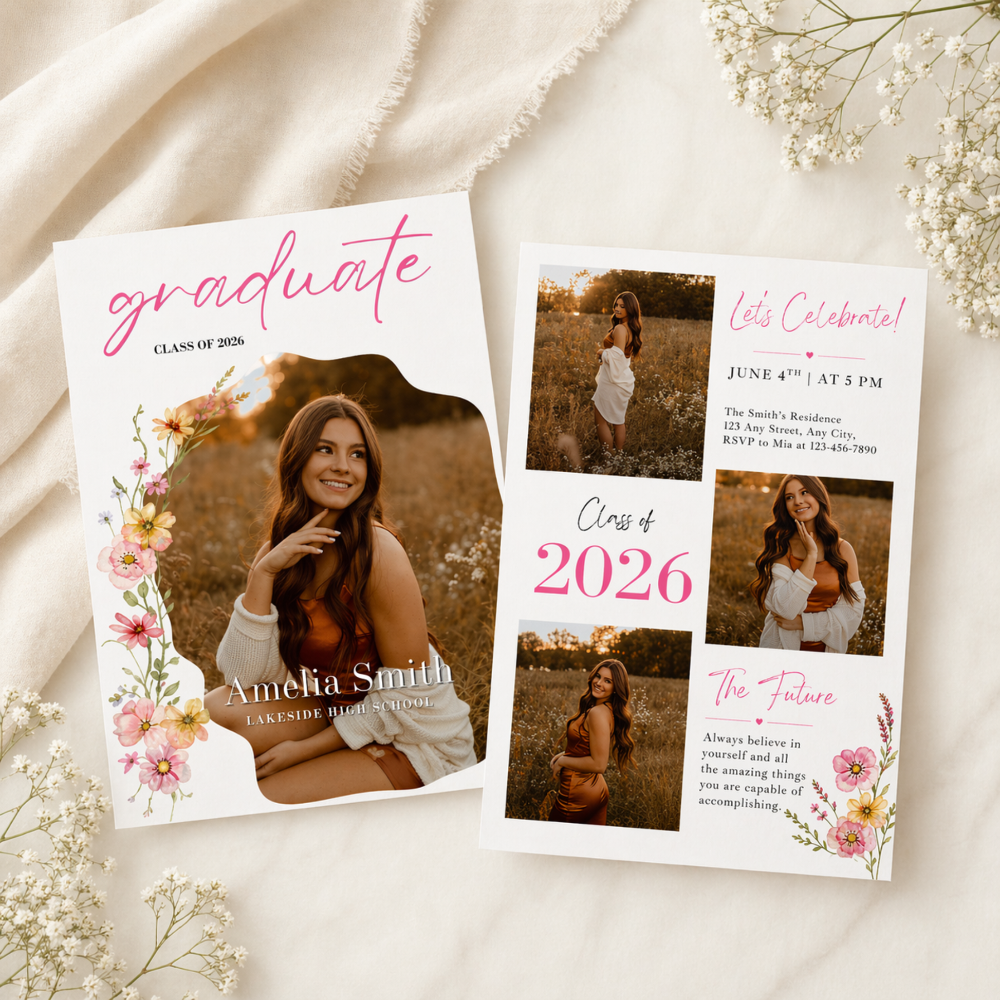 Floral Graduation Party Invitation Front and Back Invite Template Editable In Canva