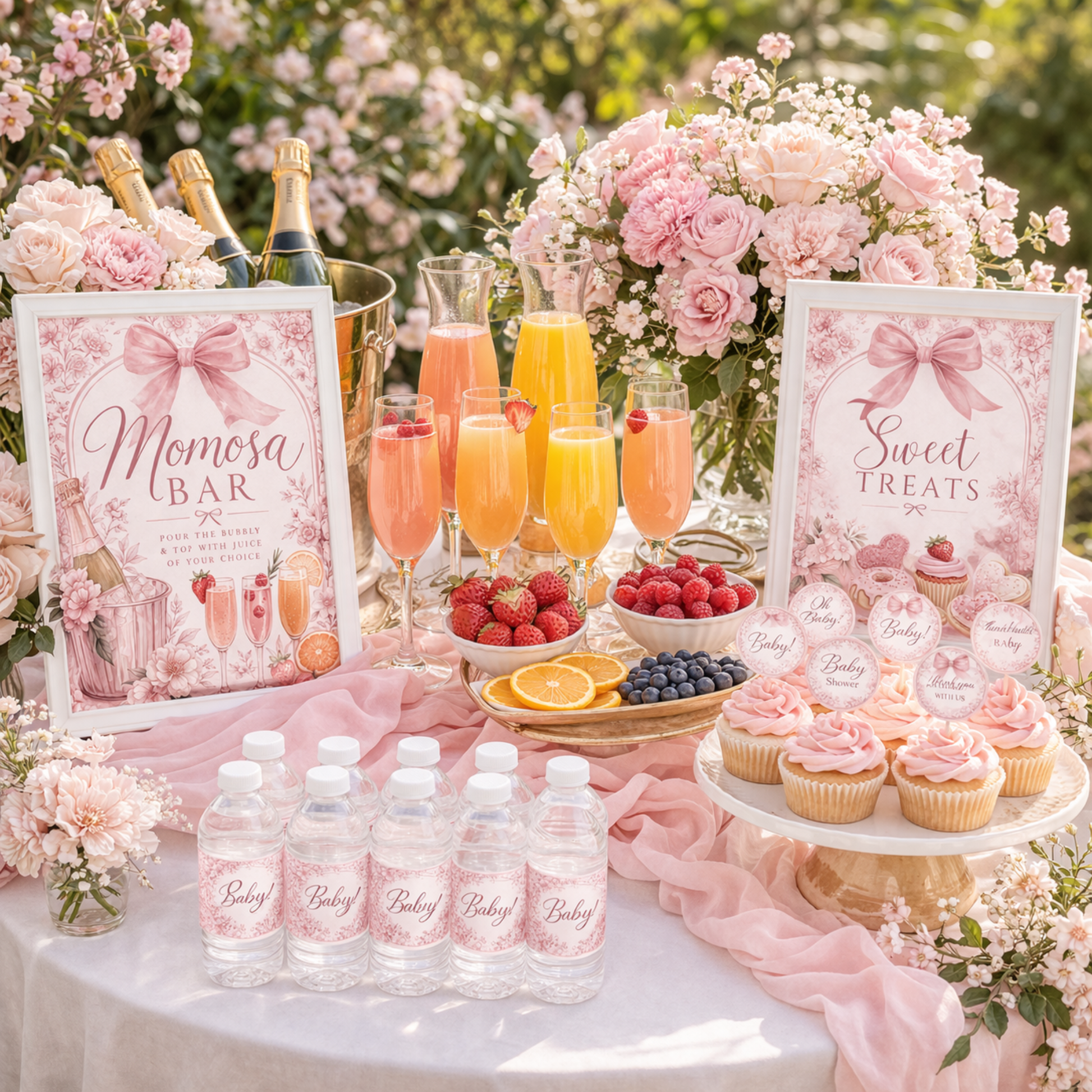 Brunch pink baby shower table setup with Mimosa Bar and Sweet Treats signs, flowers, and refreshments.