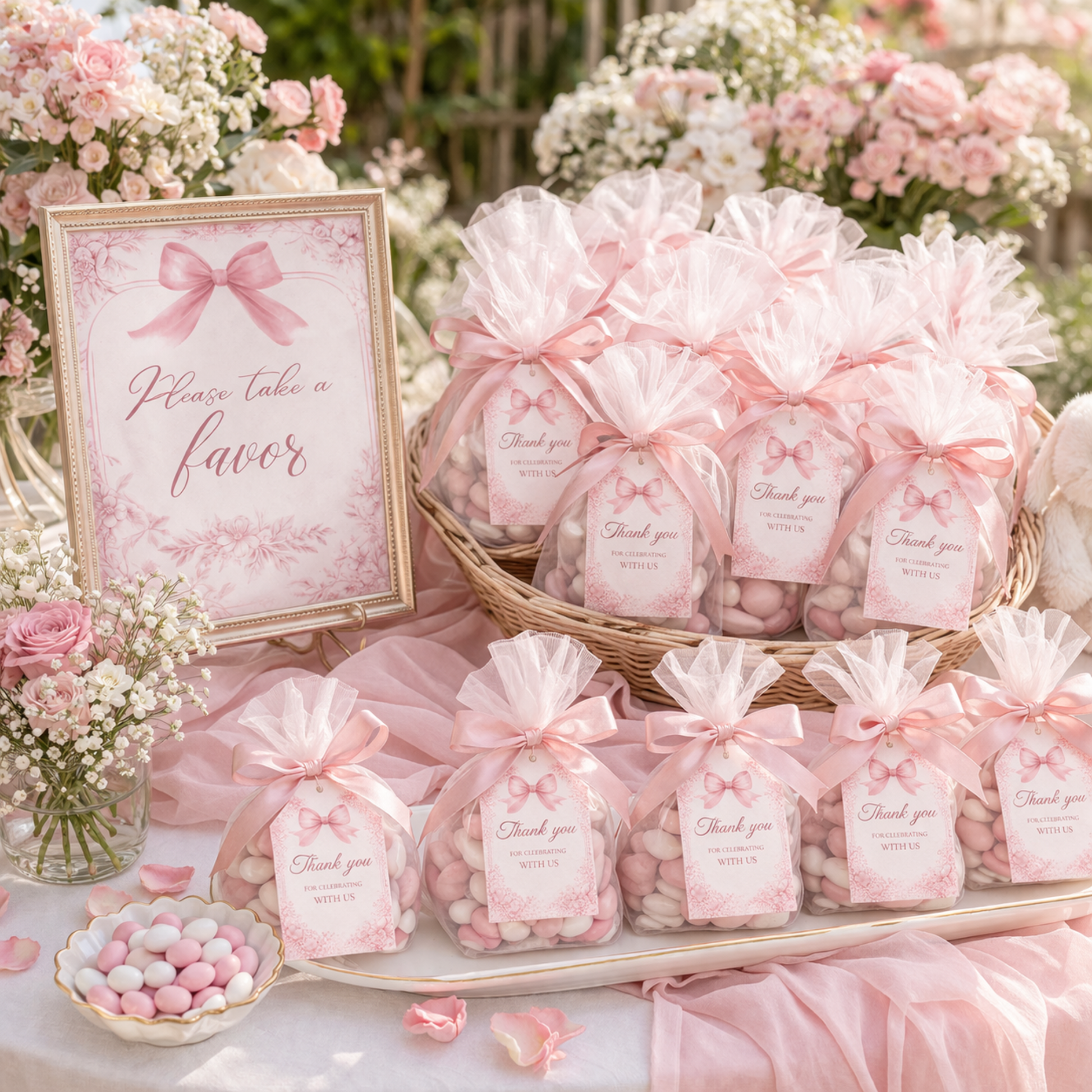 Pink baby shower favors with 'Thank you' labels and a 'Please take a favor' sign.