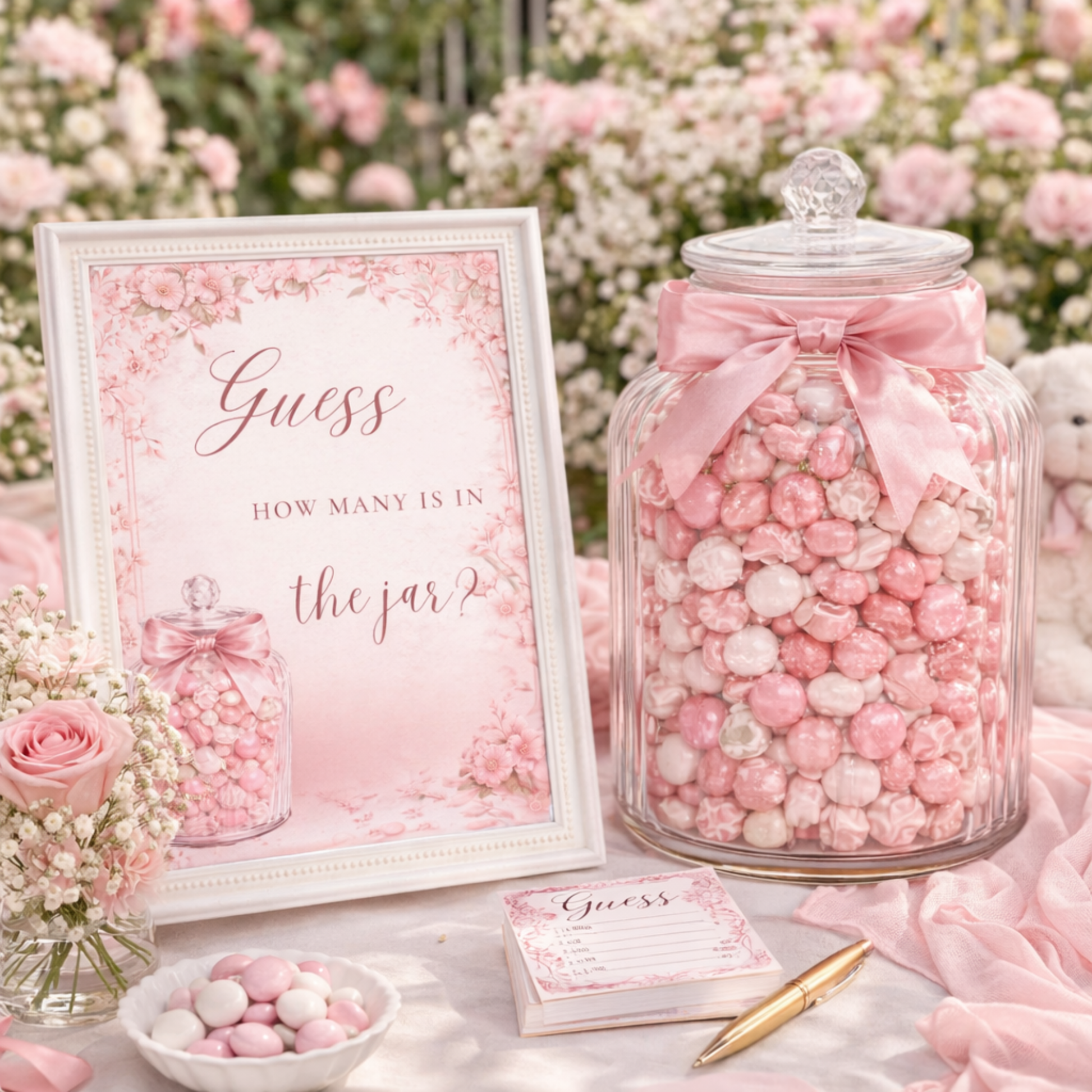 Pink candy jar with a pink bow,Guess How Many is in the jar sign, and pink flowers in the background