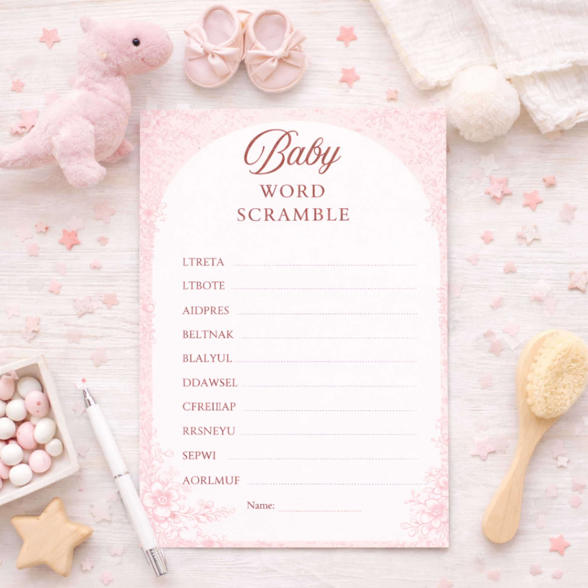 Pink Baby Shower Games Baby-themed word scramble game card editable template