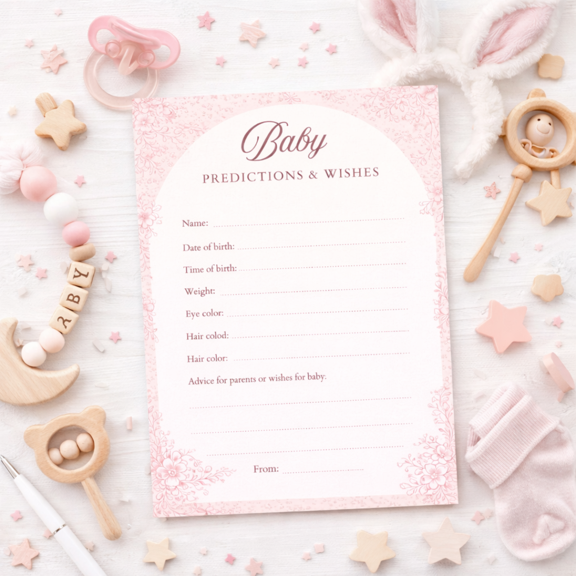 Pink themed Baby predictions and wishes game card 