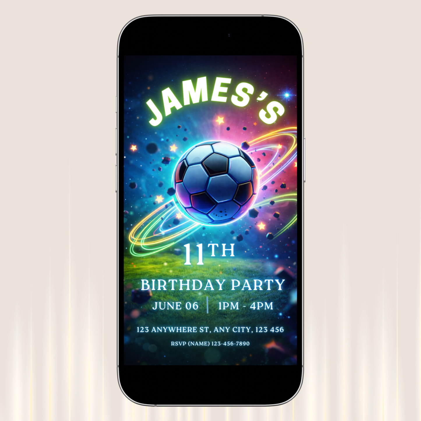 Neon Football Birthday Invitation Template | Editable Soccer Party Invite + Welcome Sign Bundle