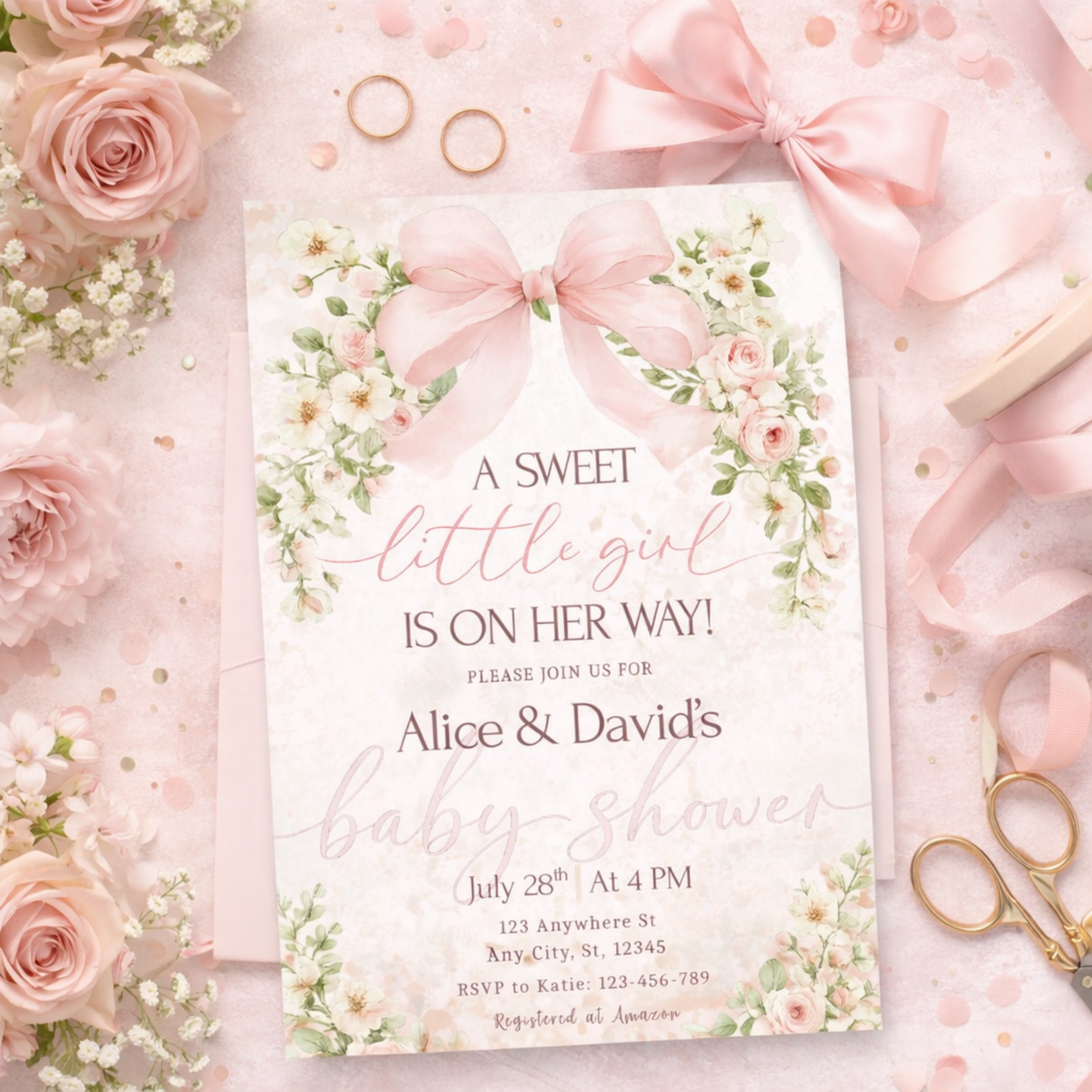 Baby Girl Shower Invitation Template | Pink Bow Floral Baby Shower Invite Editable Bundle Kit