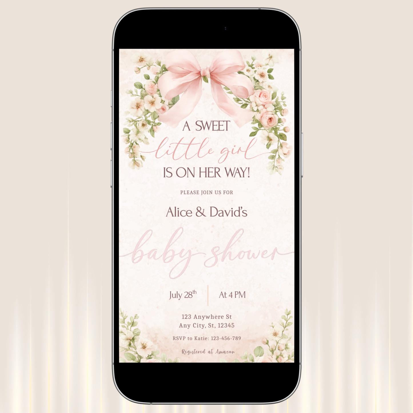 Baby Girl Shower Invitation Template | Pink Bow Floral Baby Shower Invite Editable Bundle Kit