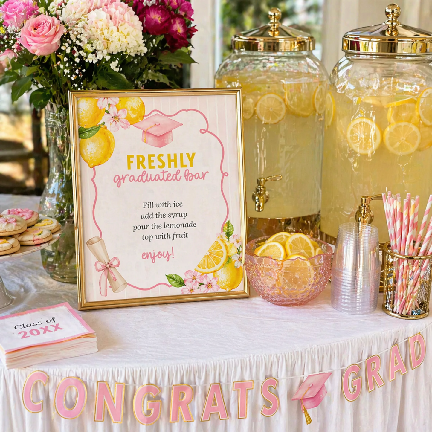 Graduation-themed lemonade stand with decorations and a 'Congrats Grad' sign.