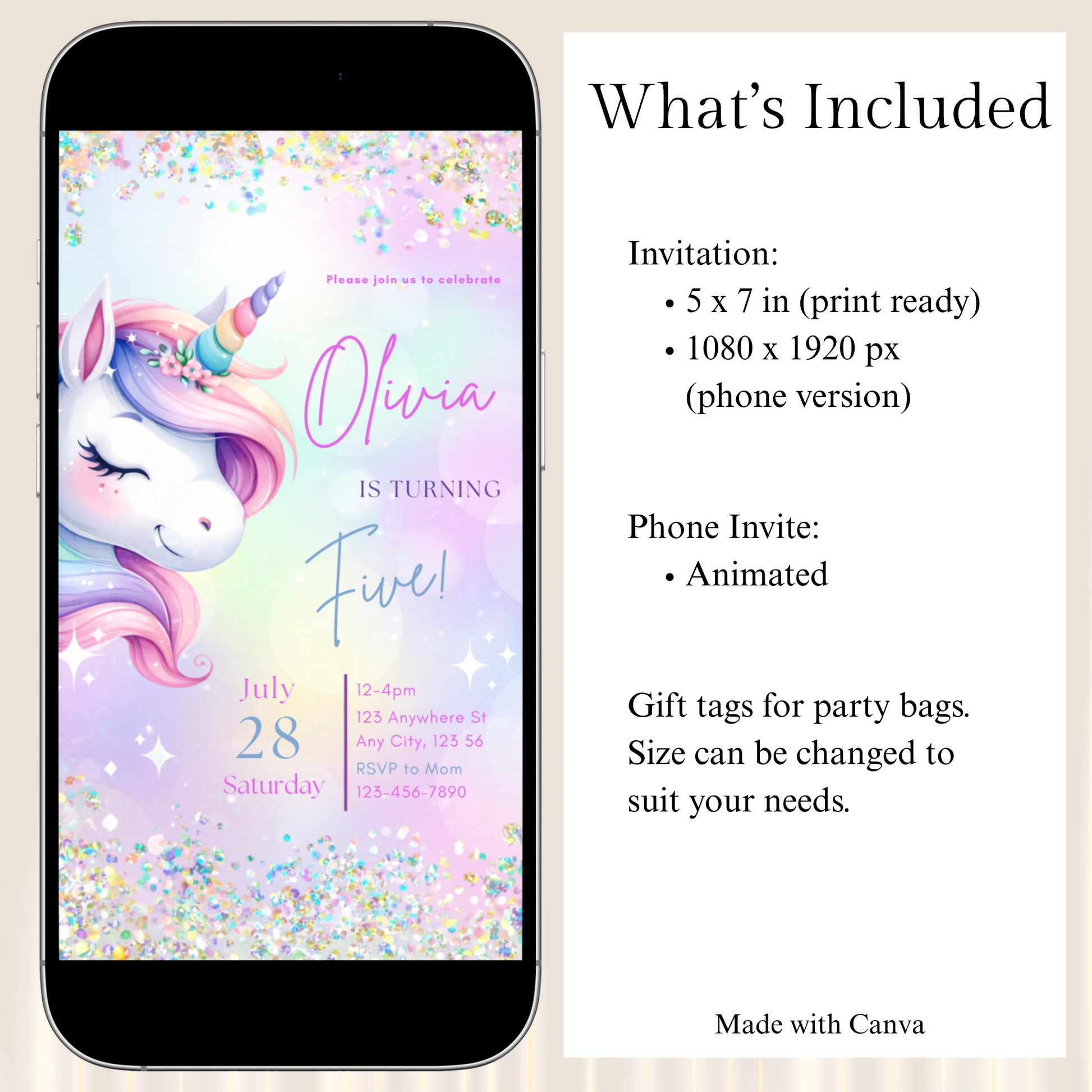 Phone with unicorn-themed birthday invitation on screen, next to text about included items.