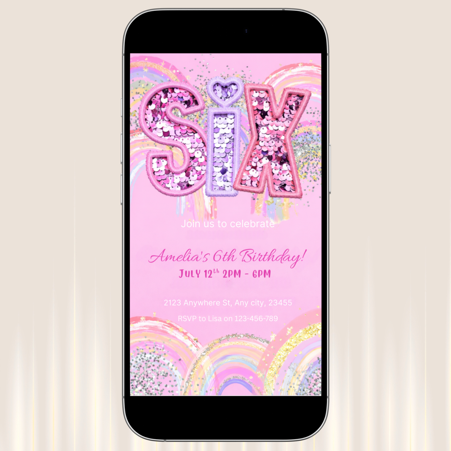 SIX Birthday Party Bundle | Sequin Glitter Pink Rainbow | Complete Editable Kit | Girls 6th Birthday