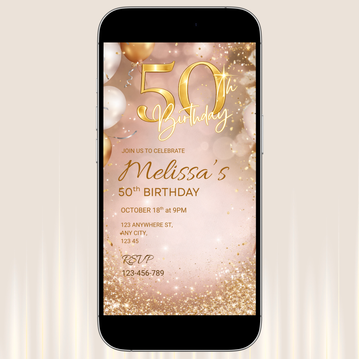 Phone displaying a 50th birthday invitation with gold text and balloons on a light pink background.