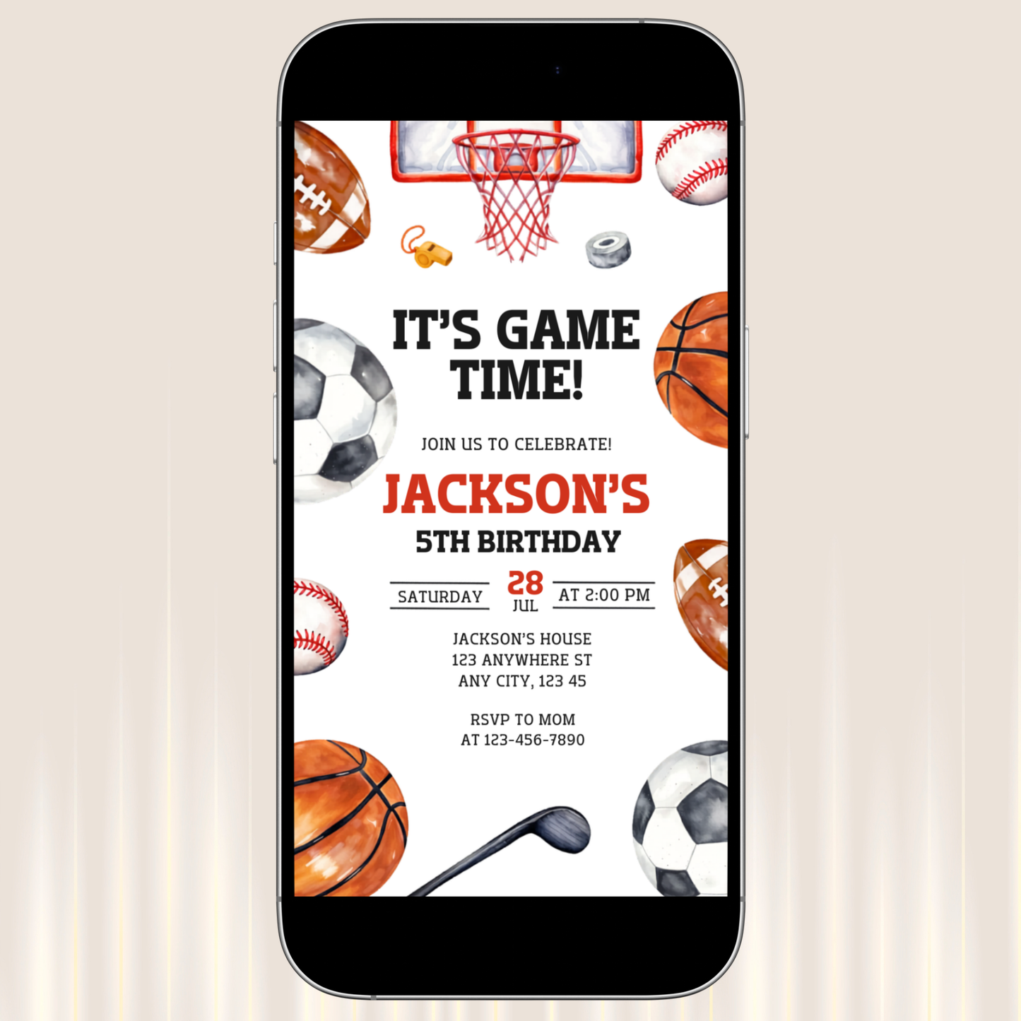 Phone displaying a birthday invitation with sports-themed graphics on a beige background