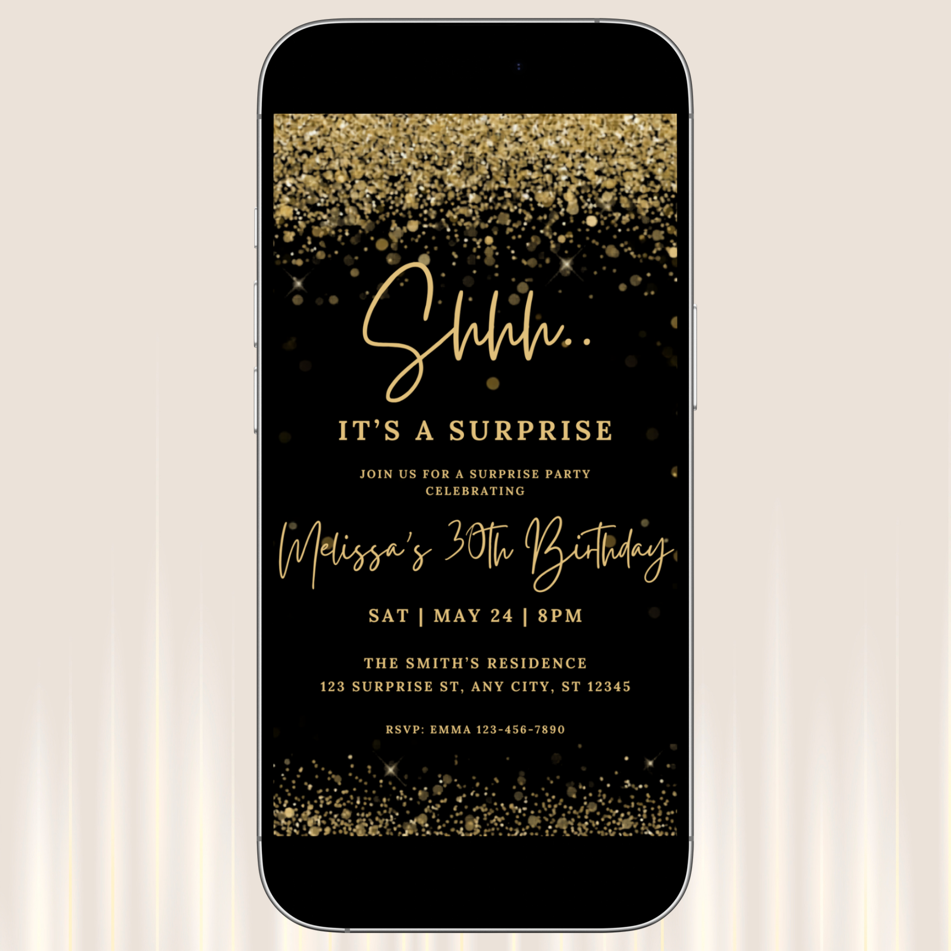 Phone screen displaying a birthday invitation with gold text on a black background