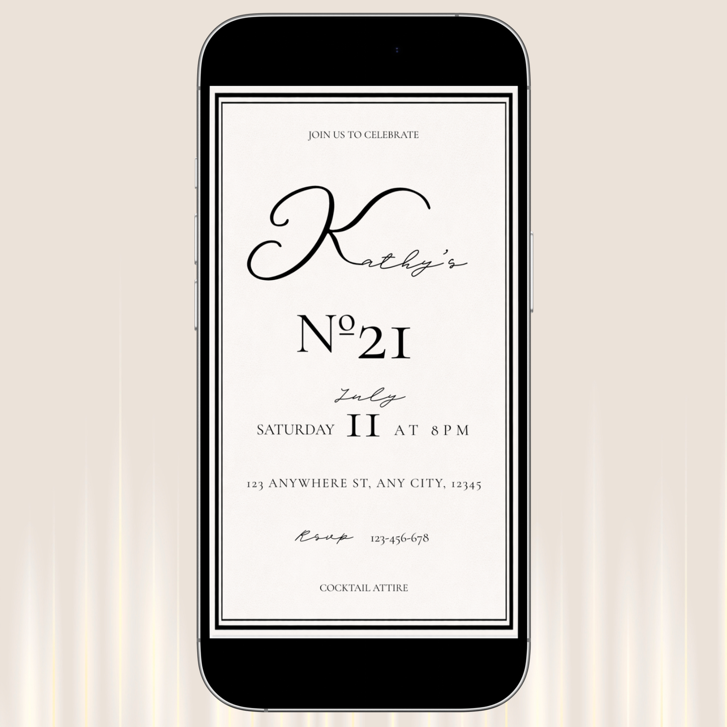 Phone displaying a birthday invitation with 'Kathy's No 21' on a beige background
