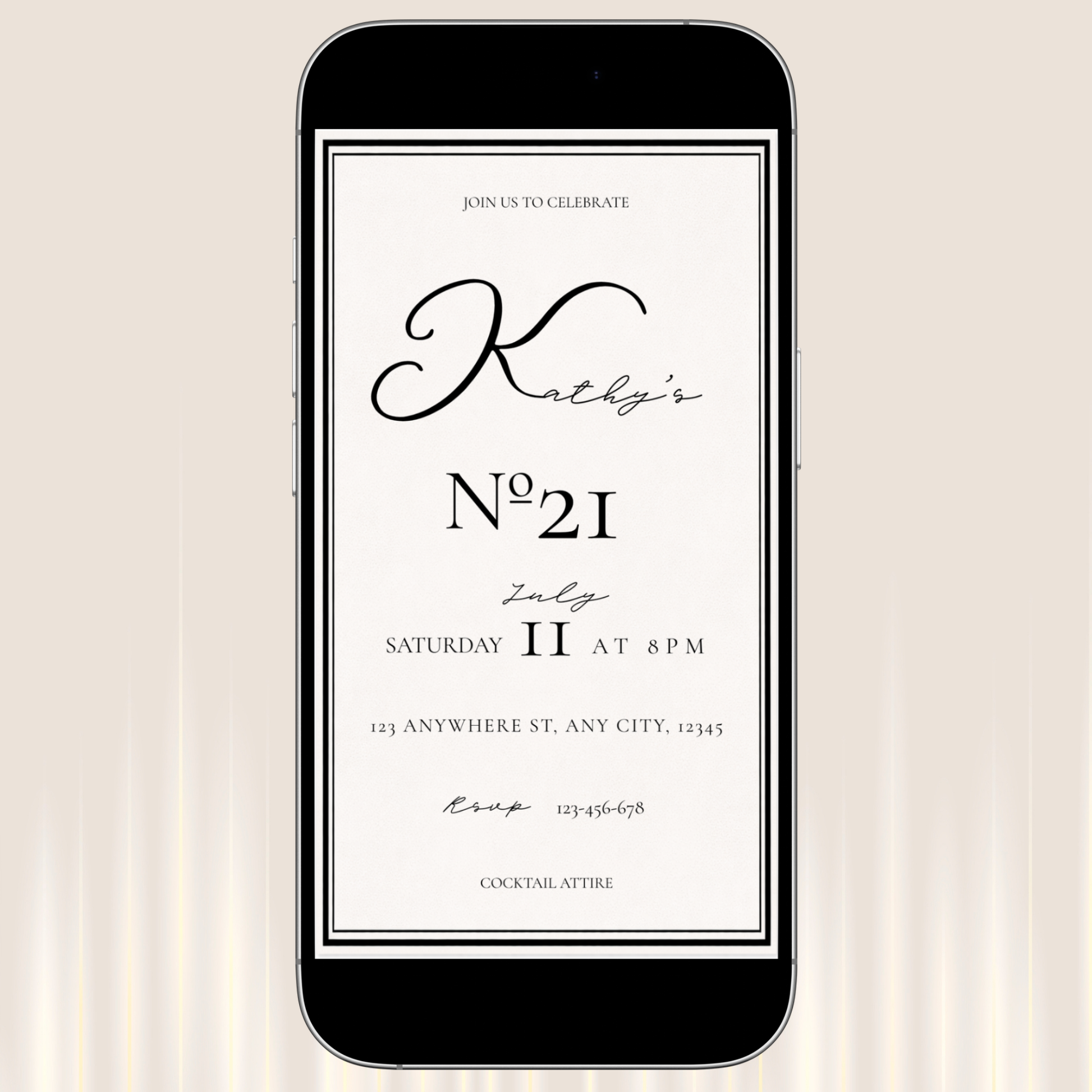 Phone displaying a birthday invitation with 'Kathy's No 21' on a beige background