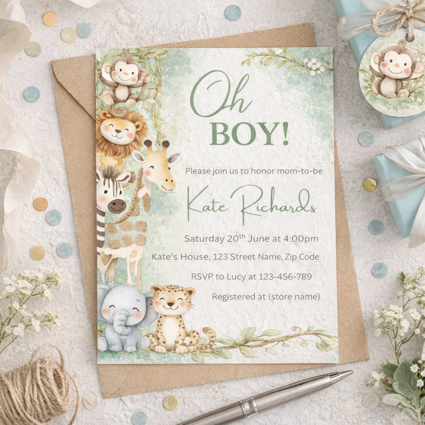Safari  Baby Shower Invitation Template | Oh Boy Jungle Baby Boy Baby Shower Invite Editable Bundle Kit