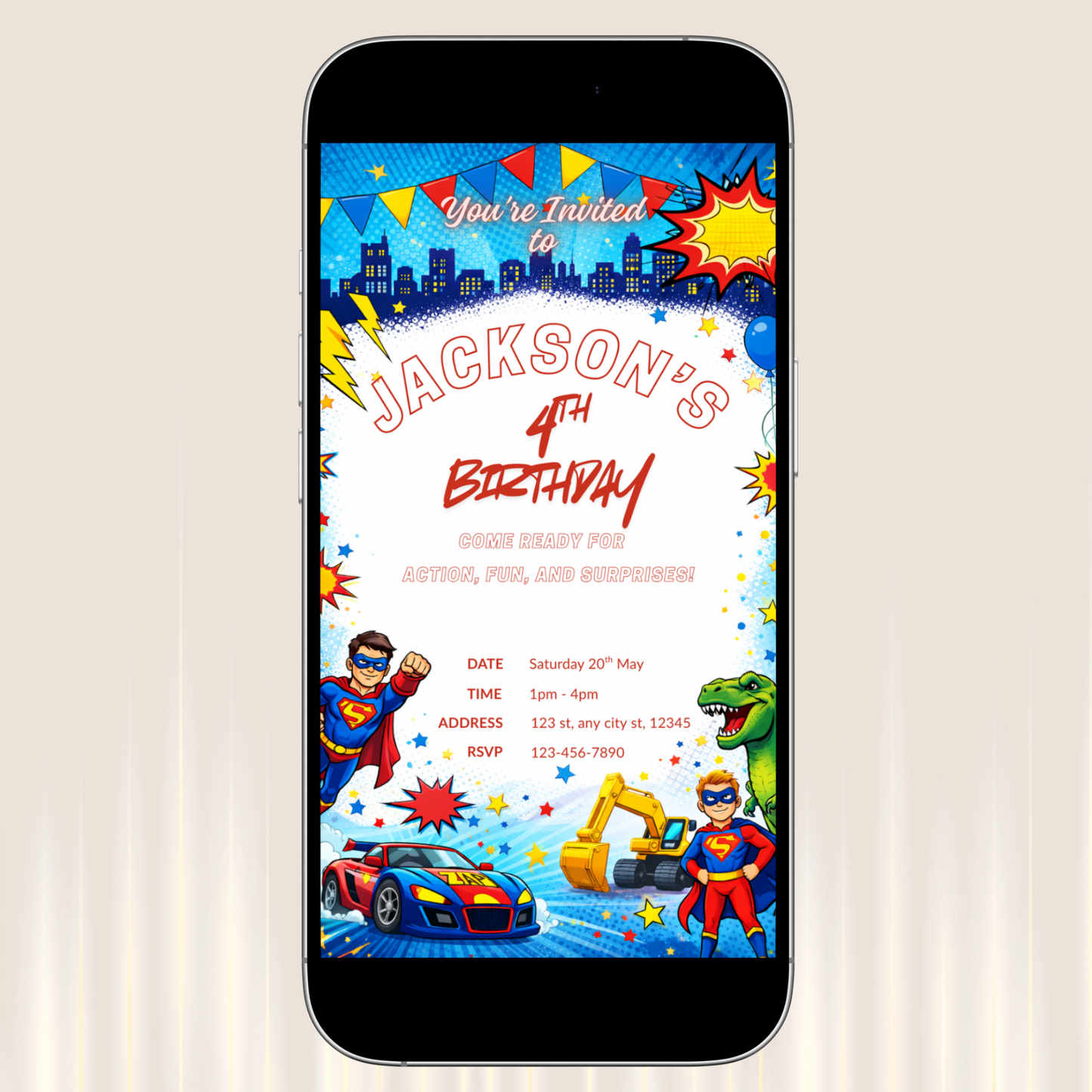 Superhero & Dinosaur Birthday Invitation Template for Boys | Editable Digital Invite + Welcome Sign Bundle