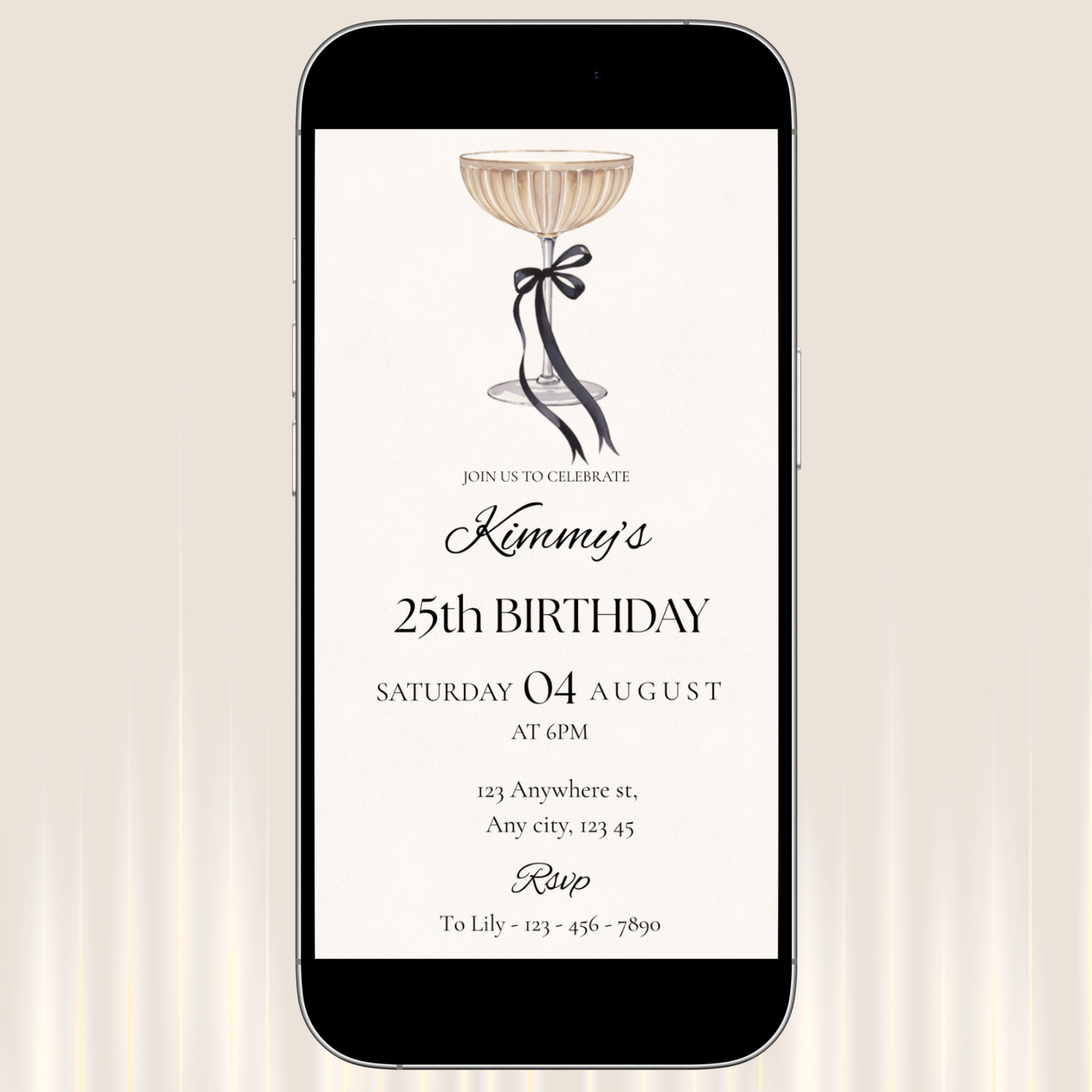 Phone displaying a birthday invitation on a beige background digital invite 