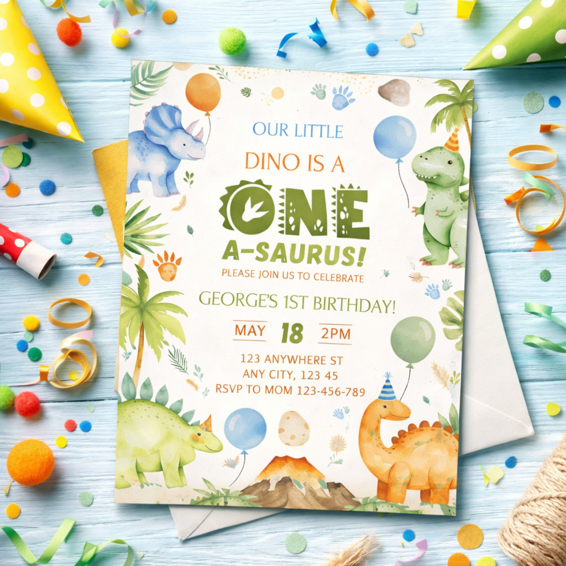 Dinosaur-themed birthday invitation with colorful decorations on a light blue background instant download