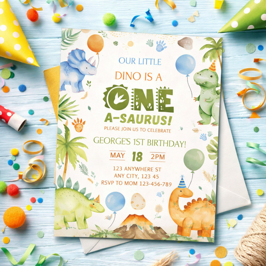 Dinosaur-themed birthday invitation with colorful decorations on a light blue background instant download