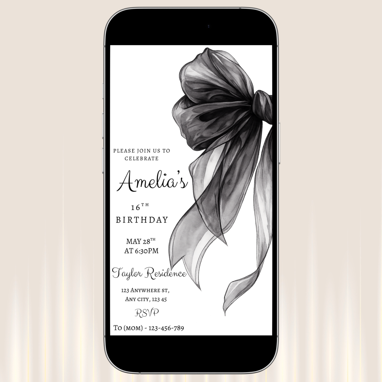 Minimalist Black Bow Invitation Template | Editable Elegant 16th Birthday & Formal Event Invite + Welcome Sign Bundle