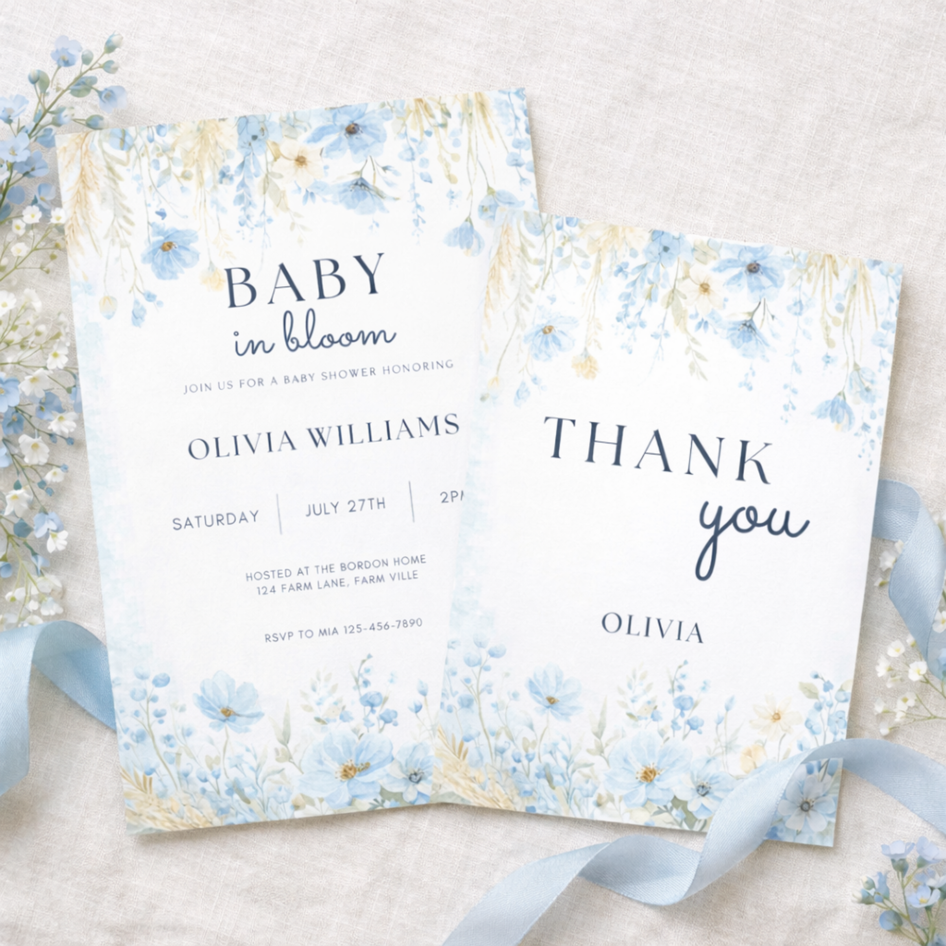 Blue Baby In Bloom Baby shower invitation Template with floral design editable in canva