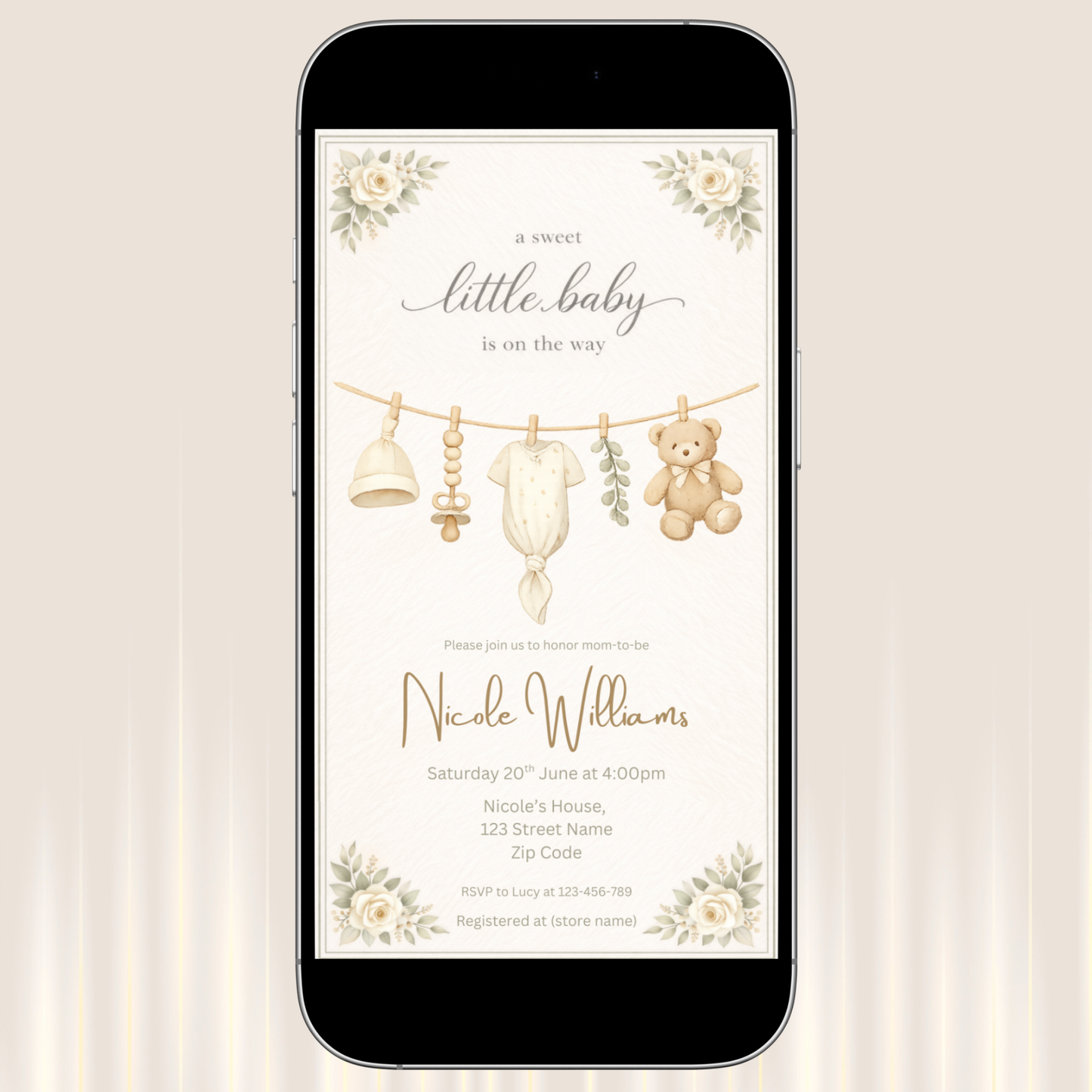 Vintage Baby Shower Invitation Bundle | Neutral Clothesline Baby Shower Invite Editable Bundle Kit