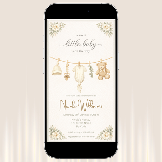 Vintage Baby Shower Invitation Bundle | Neutral Clothesline Baby Shower Invite Editable Bundle Kit