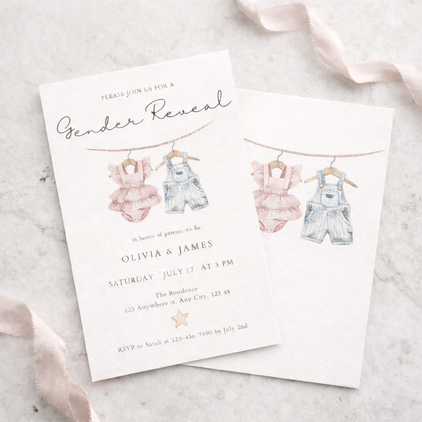 Gender reveal invitation with baby rompers and overalls on a string, clothesline invitation 