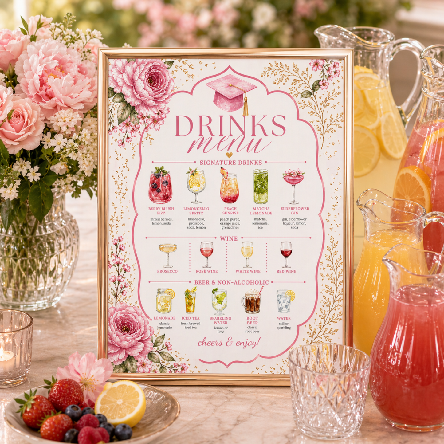 Drinks menu with floral design on a table with flowers and drinks.