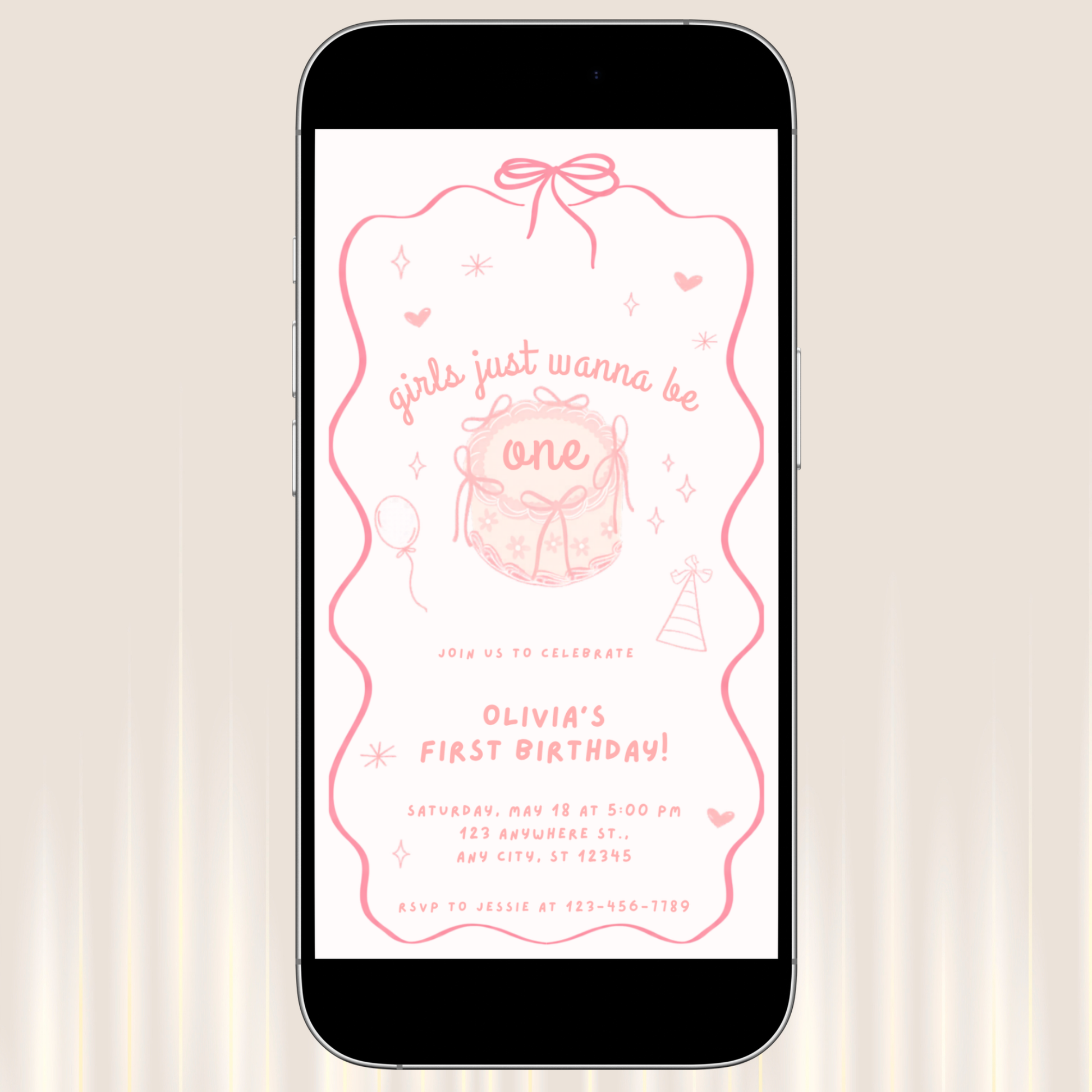 Phone displaying a birthday invitation on a beige background
