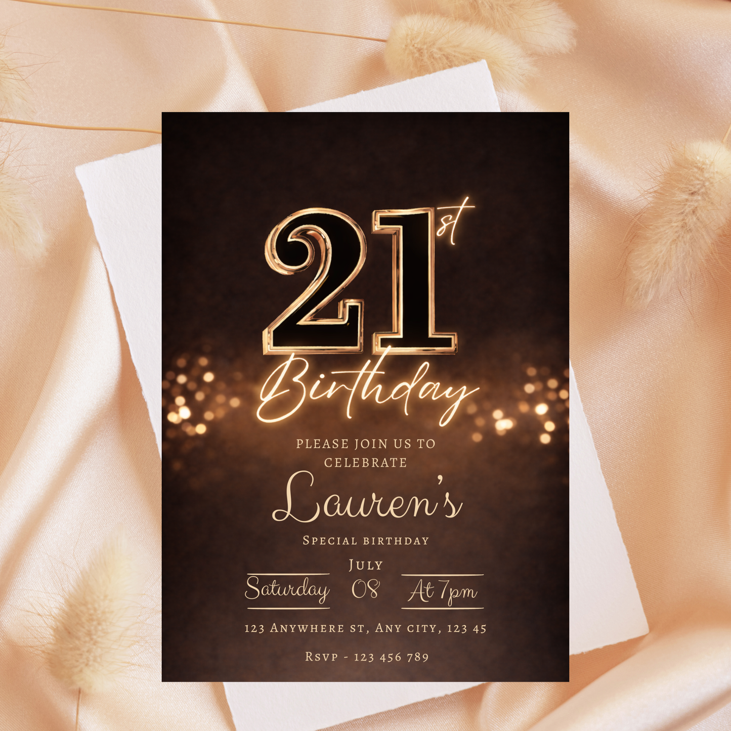 Metallic Golden 21st Birthday Invitation Template | Editable Elegant Gold Party Invite + Welcome Sign Bundle