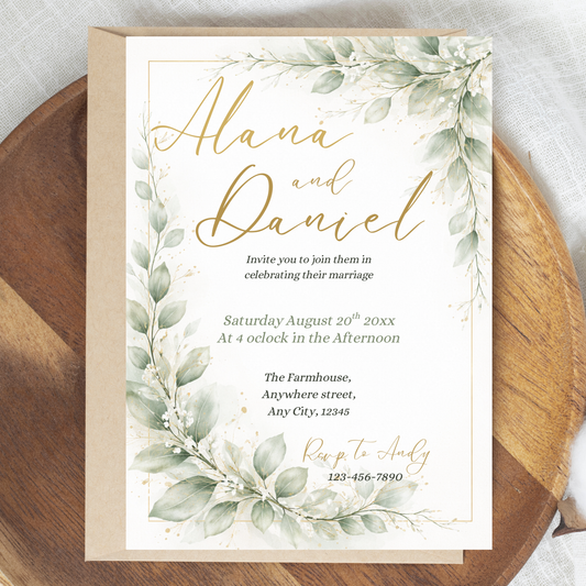 Elegant Greenery Wedding Invitation Template | Editable Botanical Watercolor Invite + Welcome Sign Bundle