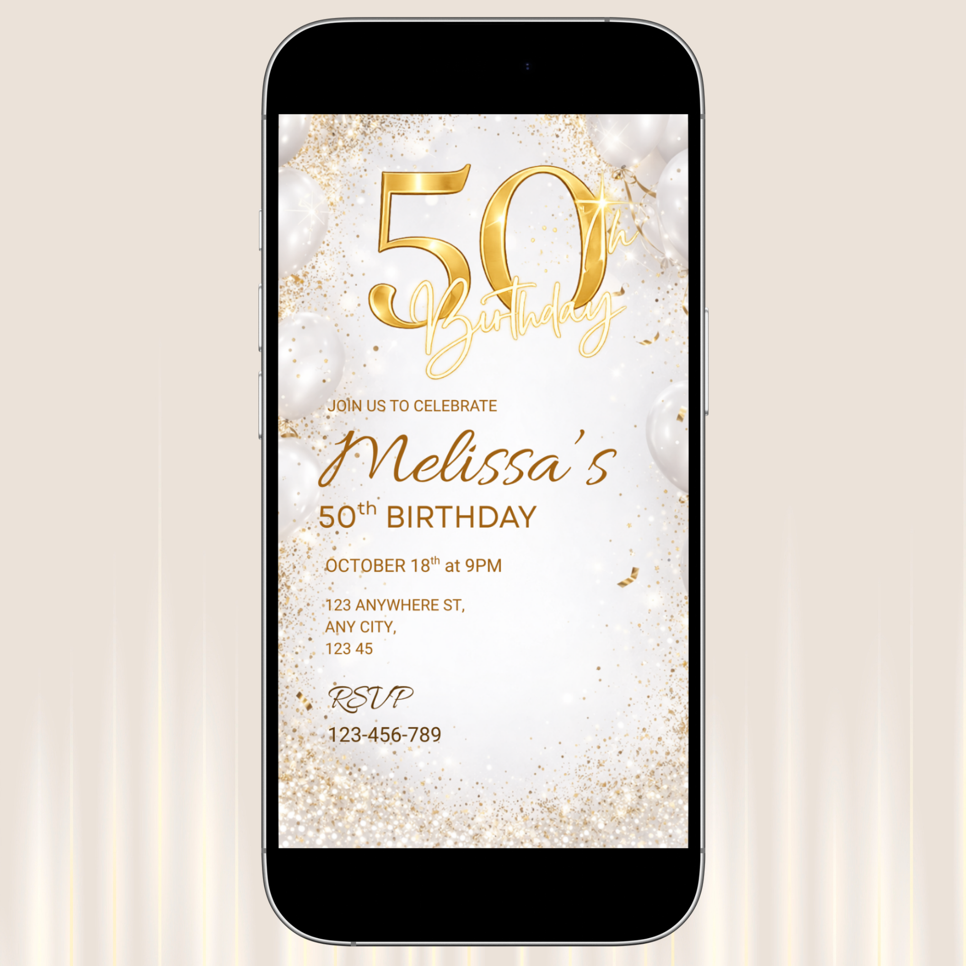 Phone displaying a birthday invitation with gold text on a light background