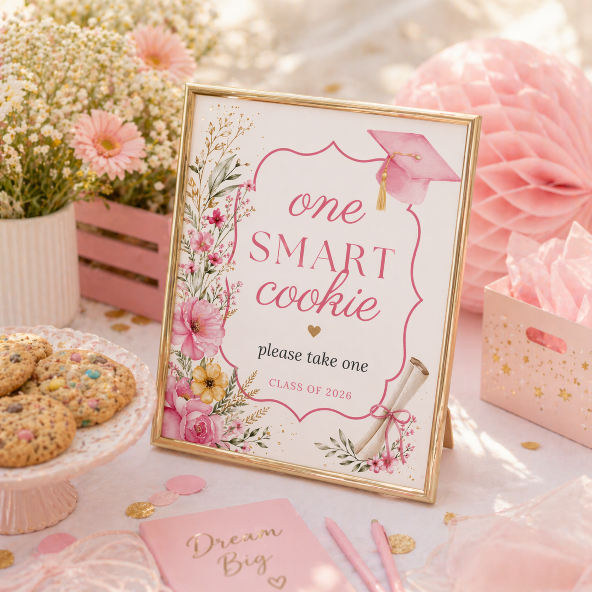 Graduation-themed 'one smart cookie' sign on a decorative table with cookies and flowers.
