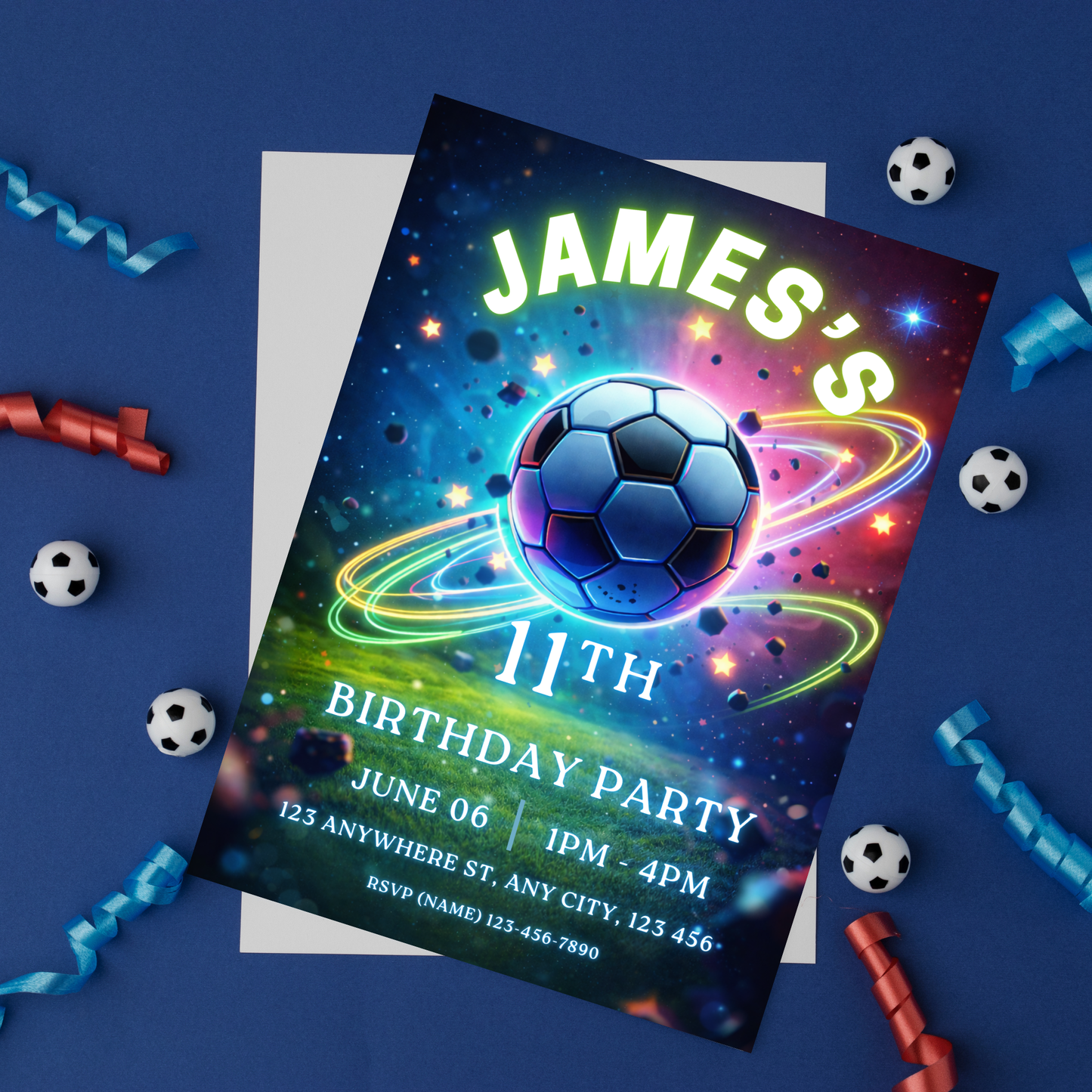 Neon Football Birthday Invitation Template | Editable Soccer Party Invite + Welcome Sign Bundle