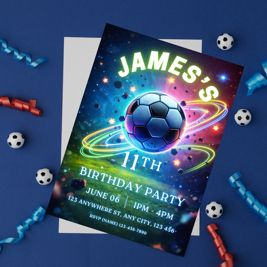 Neon Football Birthday Invitation Template | Editable Soccer Party Invite + Welcome Sign Bundle