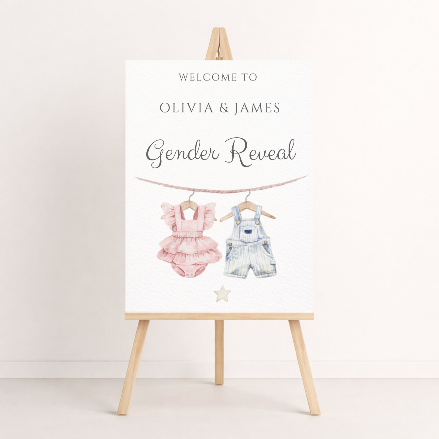 Gender reveal clothesline baby shower template welcome sign 