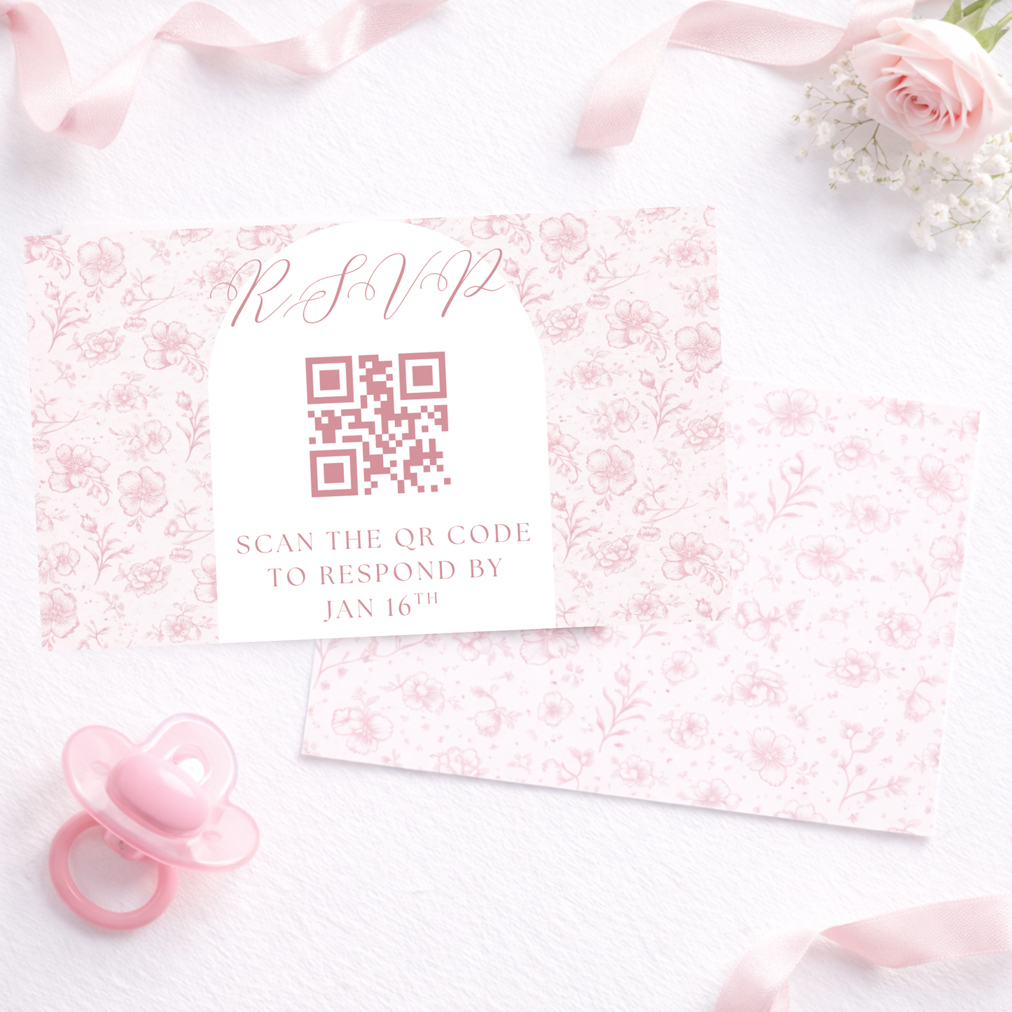 Baby Shower Floral-patterned RSVP card with QR code Pink Chinoiserie design 