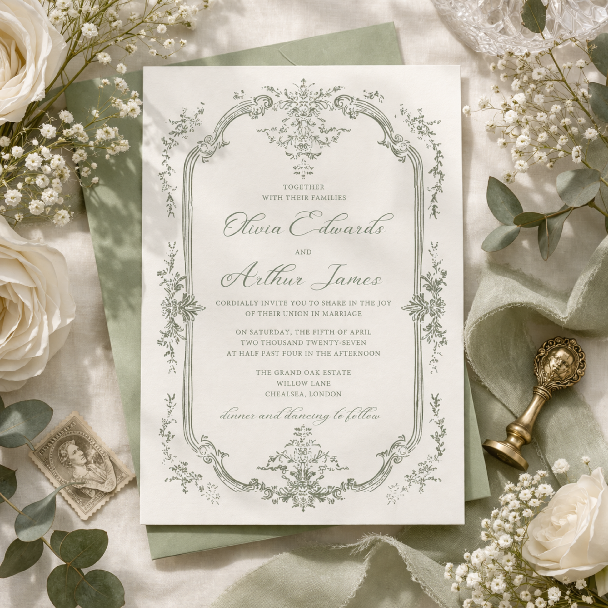 Elegant timeless wedding invitation template editable in canva instant download sage floral invite