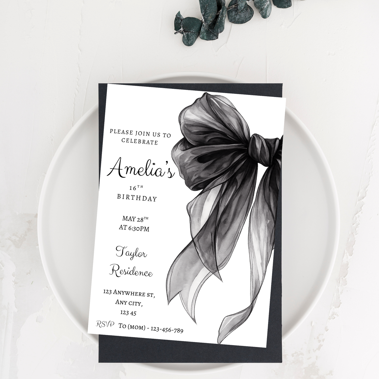 Minimalist Black Bow Invitation Template | Editable Elegant 16th Birthday & Formal Event Invite + Welcome Sign Bundle