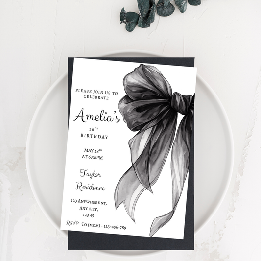 Minimalist Black Bow Invitation Template | Editable Elegant 16th Birthday & Formal Event Invite + Welcome Sign Bundle