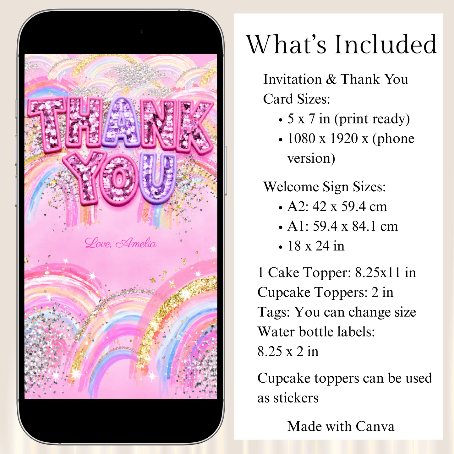 SIX Birthday Party Bundle | Sequin Glitter Pink Rainbow | Complete Editable Kit | Girls 6th Birthday